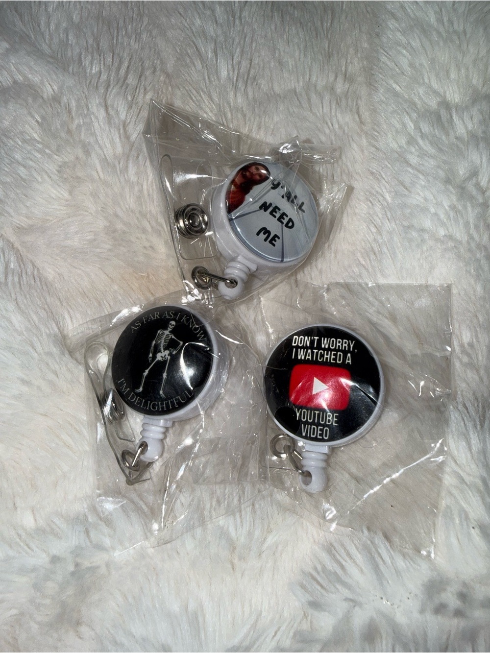 White Retractable Badge Reels with Novelty Designs - 3 Pack